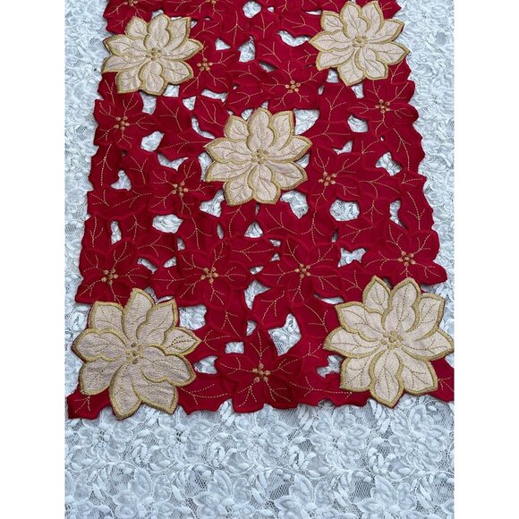 Christmas Flower Rectangular Embroidered Table Runner Red Gold Flower 68x12 - Picture 4 of 9